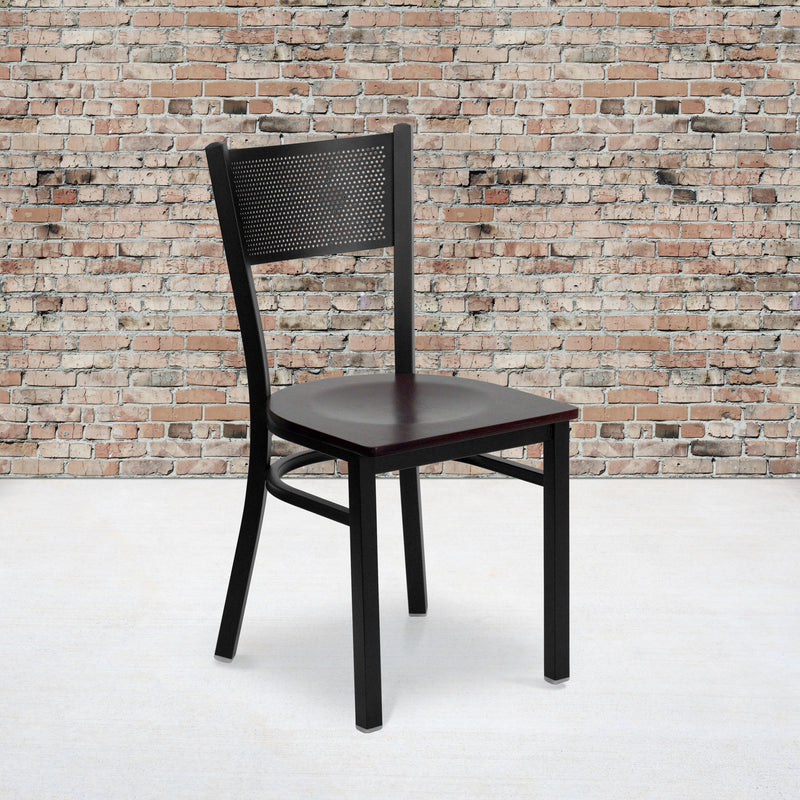 SINGLEWAVE Series Black Grid Back Metal Restaurant Chair - Mahogany Wood Seat