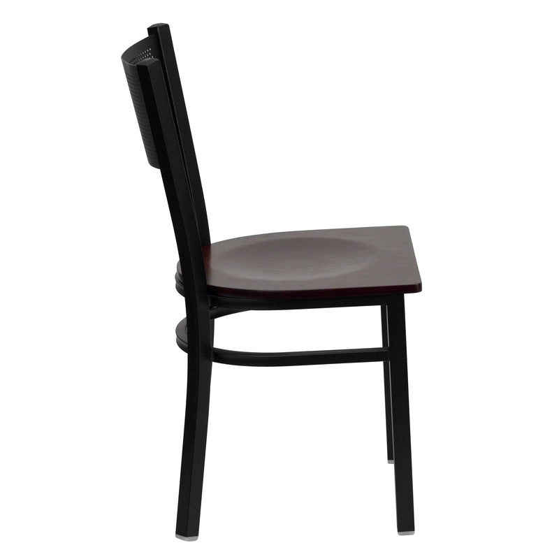 SINGLEWAVE Series Black Grid Back Metal Restaurant Chair - Mahogany Wood Seat