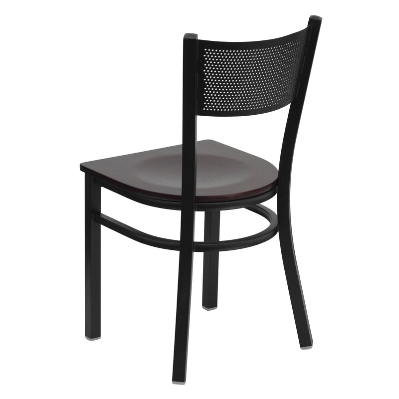 SINGLEWAVE Series Black Grid Back Metal Restaurant Chair - Mahogany Wood Seat