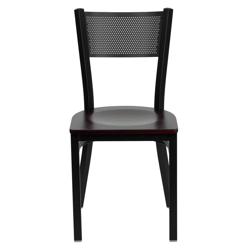 SINGLEWAVE Series Black Grid Back Metal Restaurant Chair - Mahogany Wood Seat