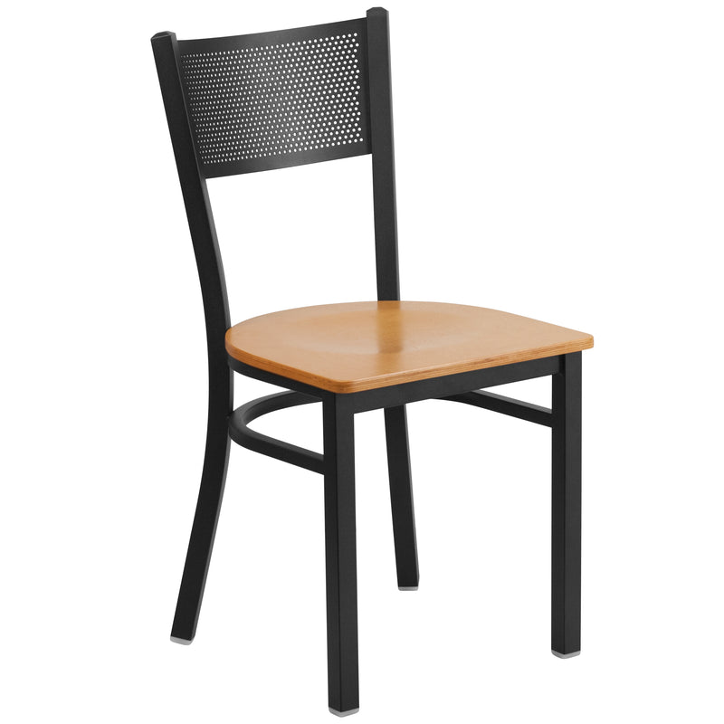 SINGLEWAVE Series Black Grid Back Metal Restaurant Chair - Natural Wood Seat