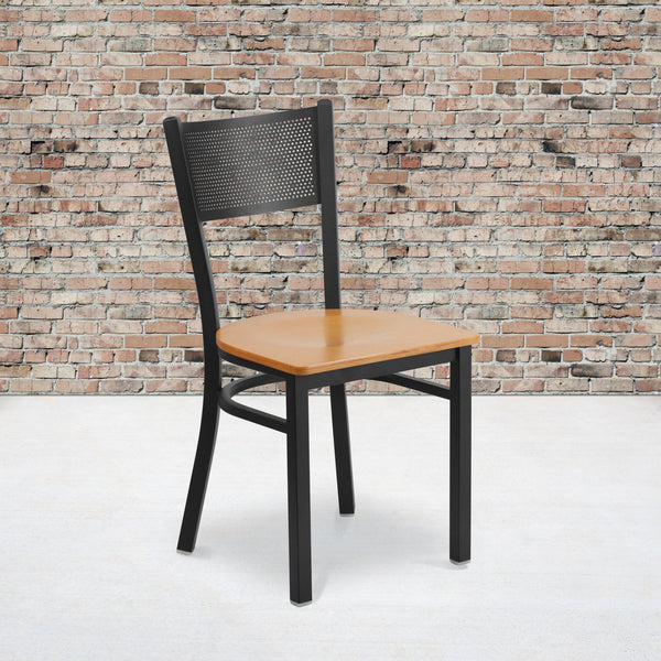 SINGLEWAVE Series Black Grid Back Metal Restaurant Chair - Natural Wood Seat