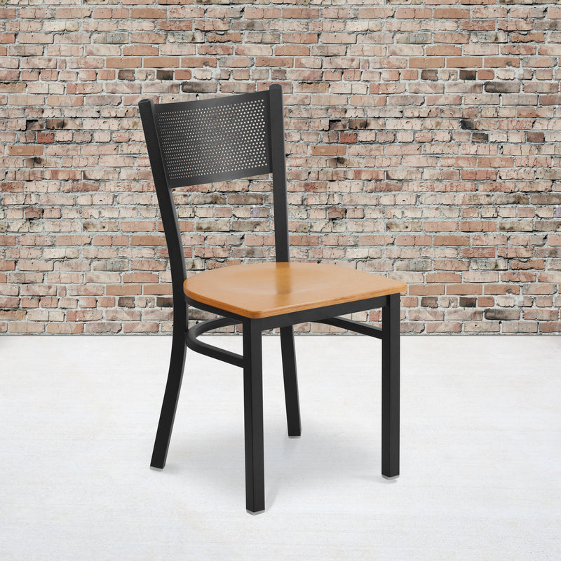 SINGLEWAVE Series Black Grid Back Metal Restaurant Chair - Natural Wood Seat