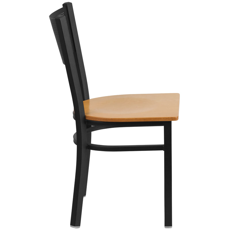 SINGLEWAVE Series Black Grid Back Metal Restaurant Chair - Natural Wood Seat