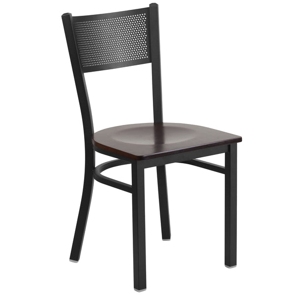 SINGLEWAVE Series Black Grid Back Metal Restaurant Chair - Walnut Wood Seat