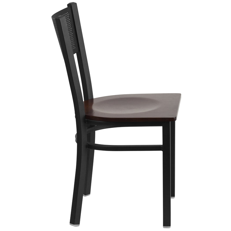 SINGLEWAVE Series Black Grid Back Metal Restaurant Chair - Walnut Wood Seat