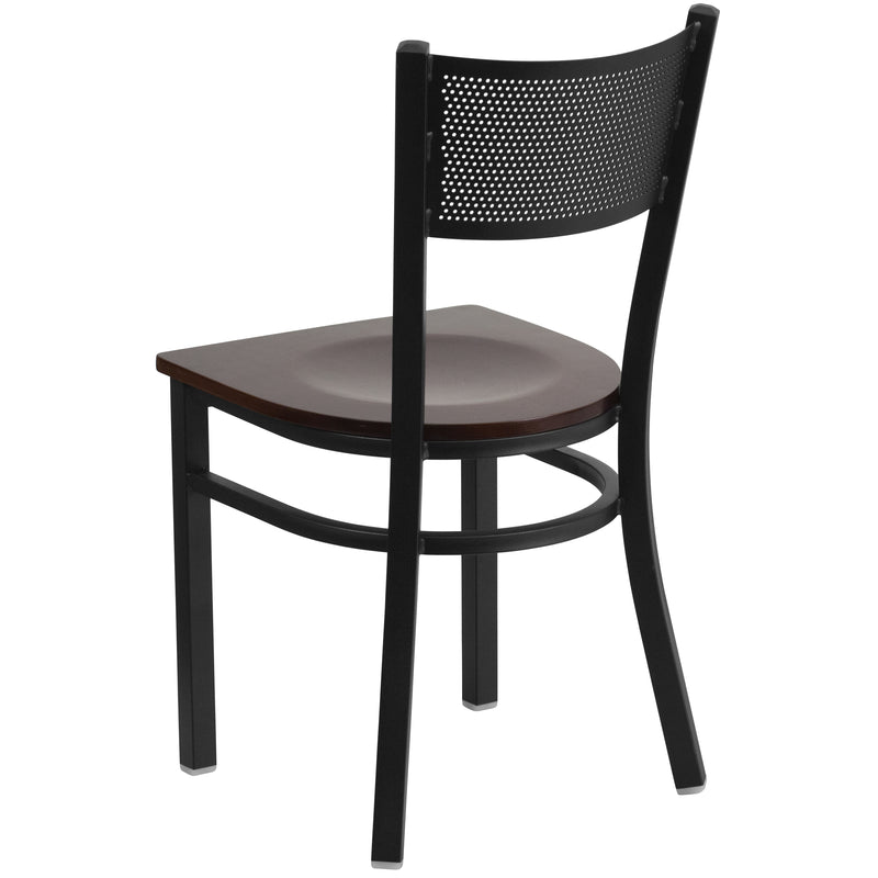 SINGLEWAVE Series Black Grid Back Metal Restaurant Chair - Walnut Wood Seat