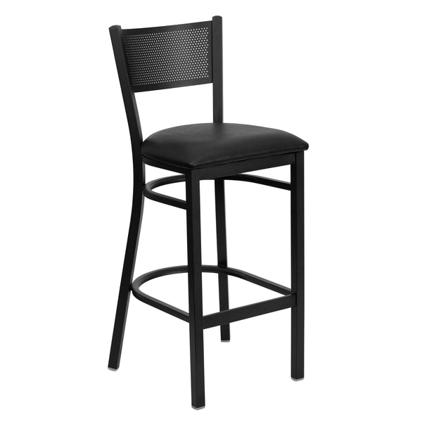 SINGLEWAVE Series Black Grid Back Metal Restaurant Barstool - Black Vinyl Seat