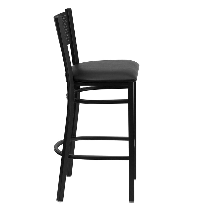 SINGLEWAVE Series Black Grid Back Metal Restaurant Barstool - Black Vinyl Seat