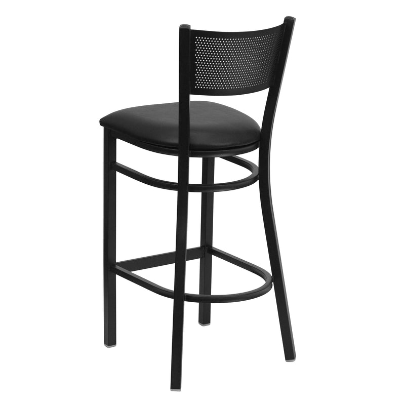 SINGLEWAVE Series Black Grid Back Metal Restaurant Barstool - Black Vinyl Seat