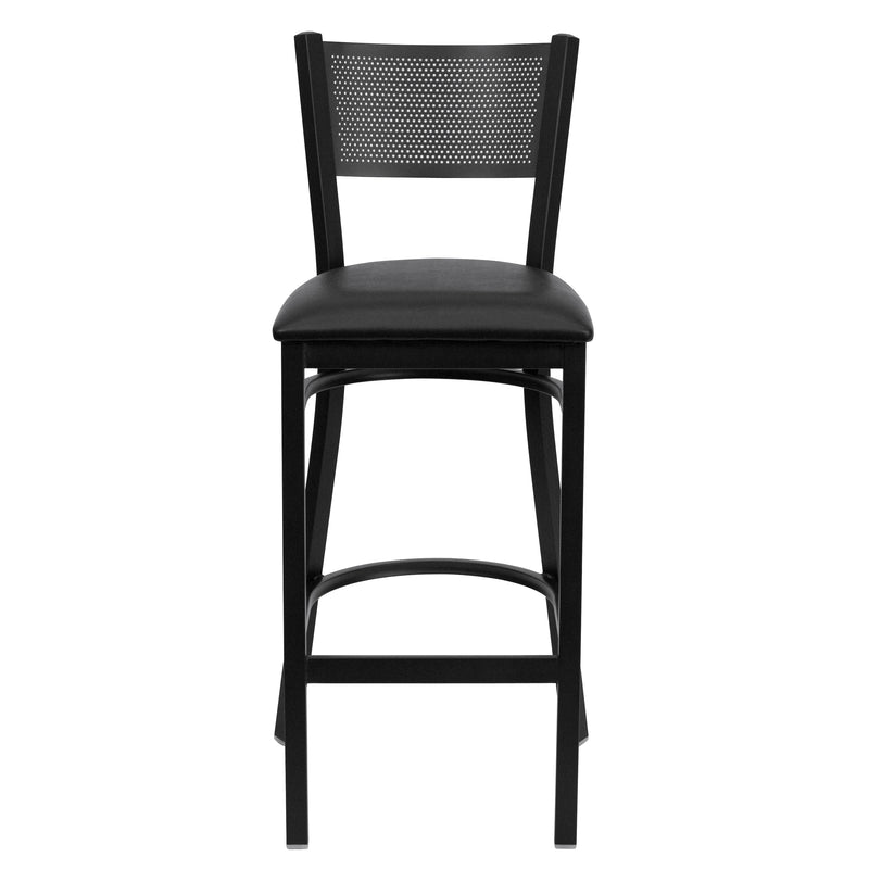 SINGLEWAVE Series Black Grid Back Metal Restaurant Barstool - Black Vinyl Seat