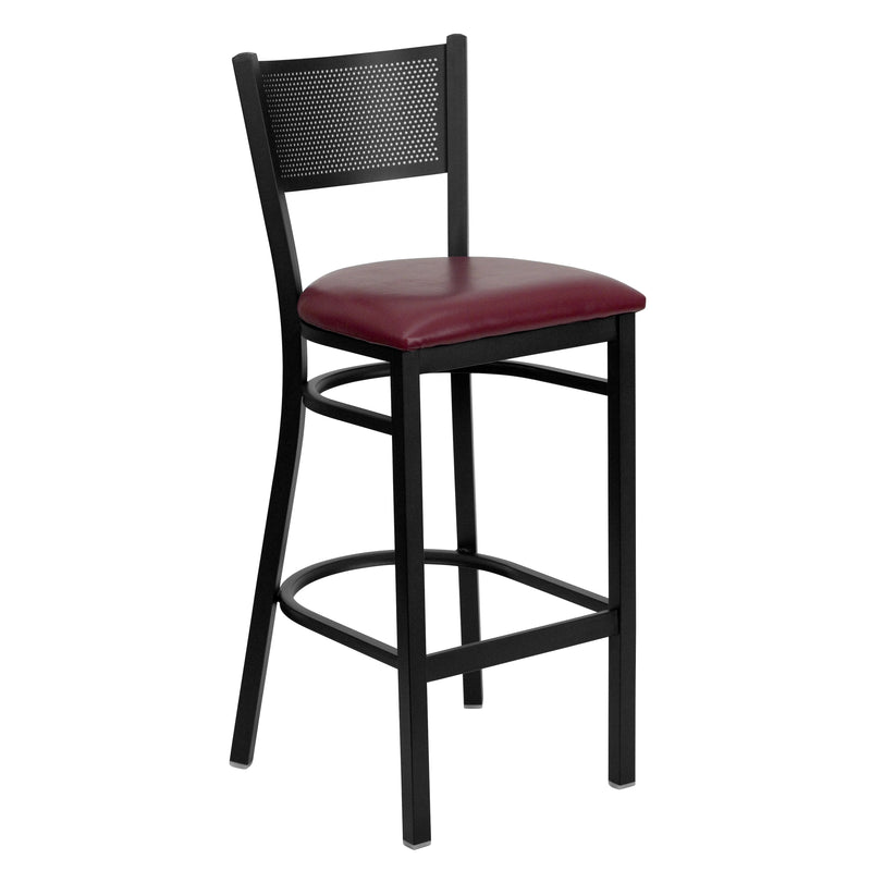 SINGLEWAVE Series Black Grid Back Metal Restaurant Barstool - Burgundy Vinyl Seat