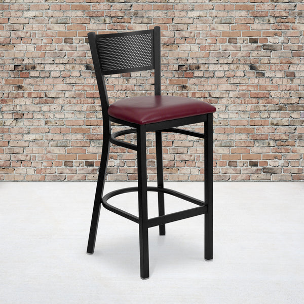 SINGLEWAVE Series Black Grid Back Metal Restaurant Barstool - Burgundy Vinyl Seat