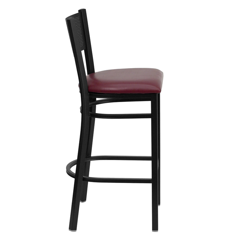 SINGLEWAVE Series Black Grid Back Metal Restaurant Barstool - Burgundy Vinyl Seat