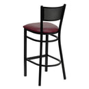SINGLEWAVE Series Black Grid Back Metal Restaurant Barstool - Burgundy Vinyl Seat