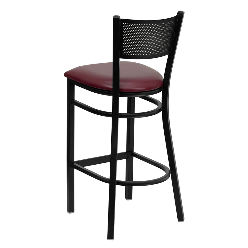 SINGLEWAVE Series Black Grid Back Metal Restaurant Barstool - Burgundy Vinyl Seat