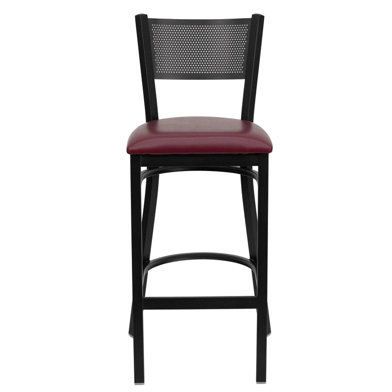 SINGLEWAVE Series Black Grid Back Metal Restaurant Barstool - Burgundy Vinyl Seat