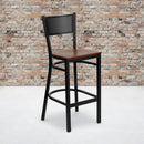 SINGLEWAVE Series Black Grid Back Metal Restaurant Barstool - Cherry Wood Seat