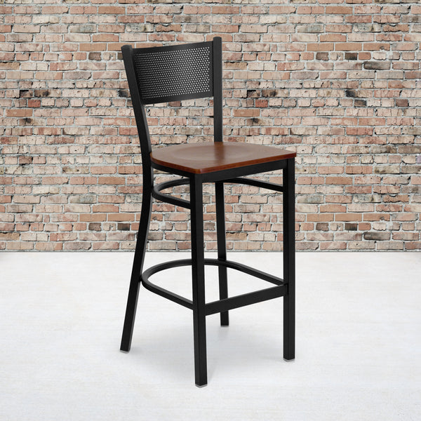 SINGLEWAVE Series Black Grid Back Metal Restaurant Barstool - Cherry Wood Seat