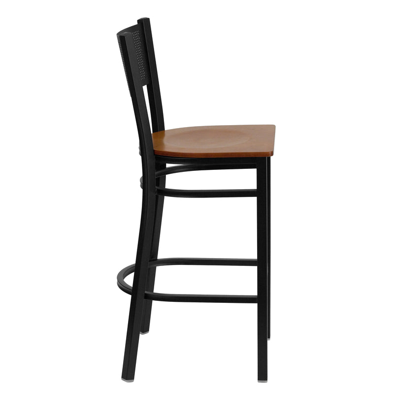 SINGLEWAVE Series Black Grid Back Metal Restaurant Barstool - Cherry Wood Seat