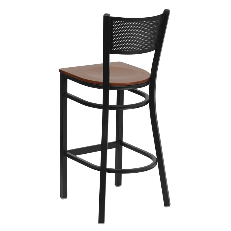 SINGLEWAVE Series Black Grid Back Metal Restaurant Barstool - Cherry Wood Seat