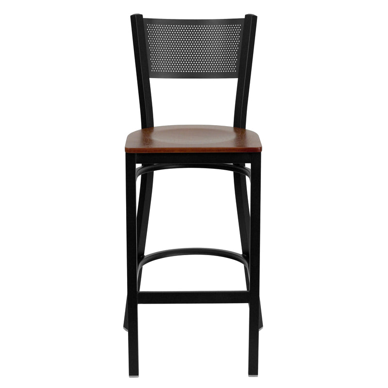 SINGLEWAVE Series Black Grid Back Metal Restaurant Barstool - Cherry Wood Seat