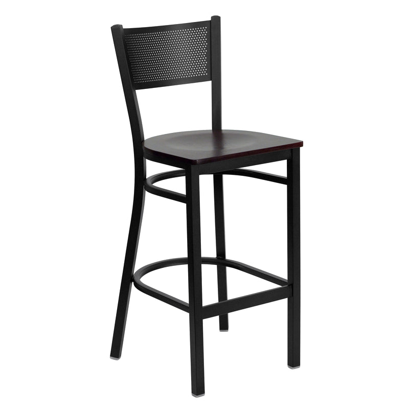 SINGLEWAVE Series Black Grid Back Metal Restaurant Barstool - Mahogany Wood Seat