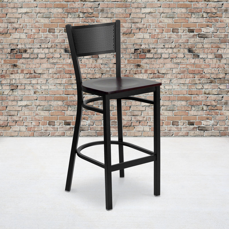 SINGLEWAVE Series Black Grid Back Metal Restaurant Barstool - Mahogany Wood Seat