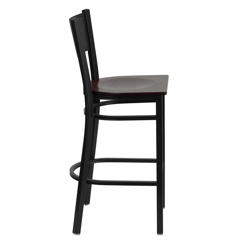 SINGLEWAVE Series Black Grid Back Metal Restaurant Barstool - Mahogany Wood Seat