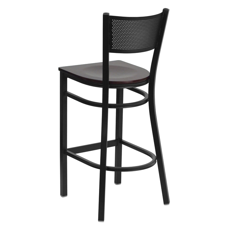 SINGLEWAVE Series Black Grid Back Metal Restaurant Barstool - Mahogany Wood Seat