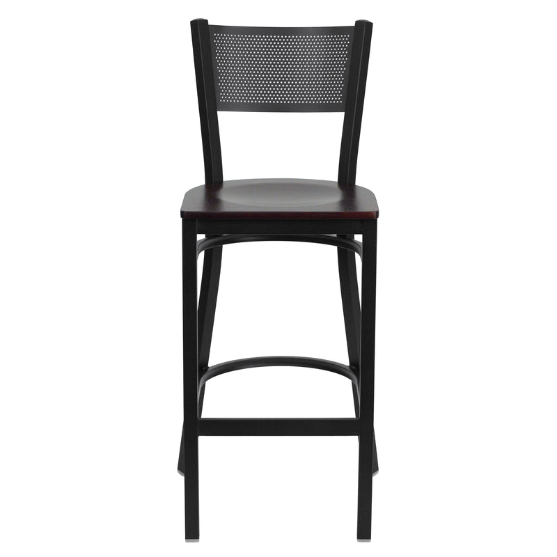 SINGLEWAVE Series Black Grid Back Metal Restaurant Barstool - Mahogany Wood Seat