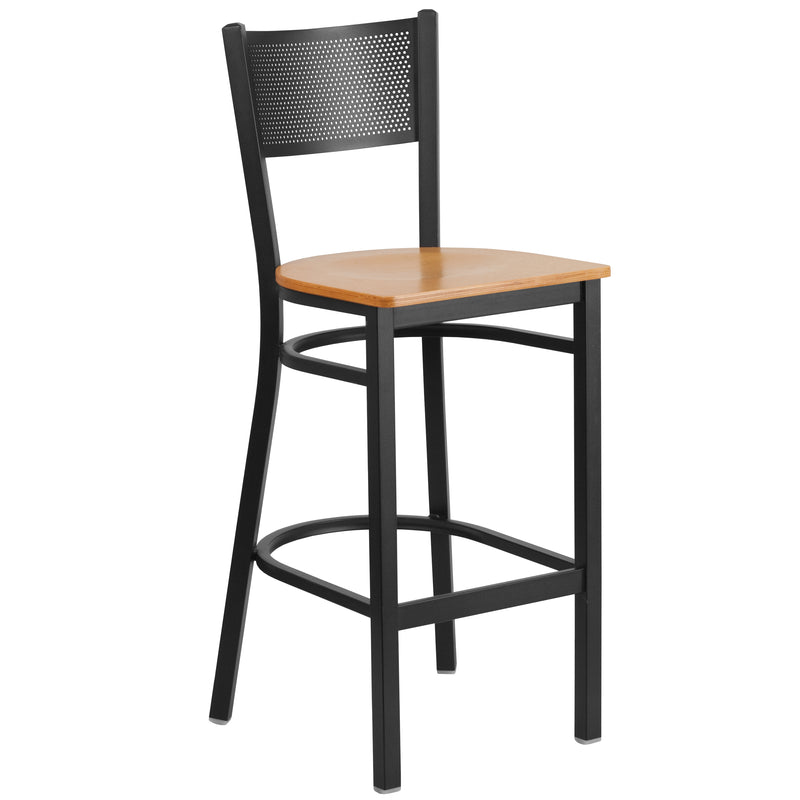 SINGLEWAVE Series Black Grid Back Metal Restaurant Barstool - Natural Wood Seat