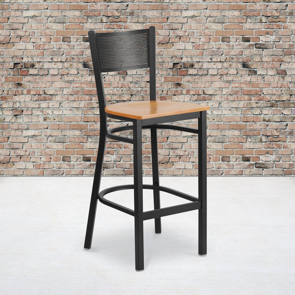 SINGLEWAVE Series Black Grid Back Metal Restaurant Barstool - Natural Wood Seat