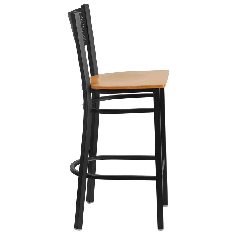 SINGLEWAVE Series Black Grid Back Metal Restaurant Barstool - Natural Wood Seat