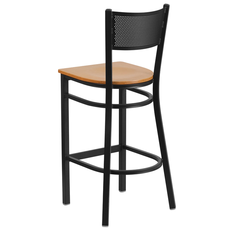 SINGLEWAVE Series Black Grid Back Metal Restaurant Barstool - Natural Wood Seat