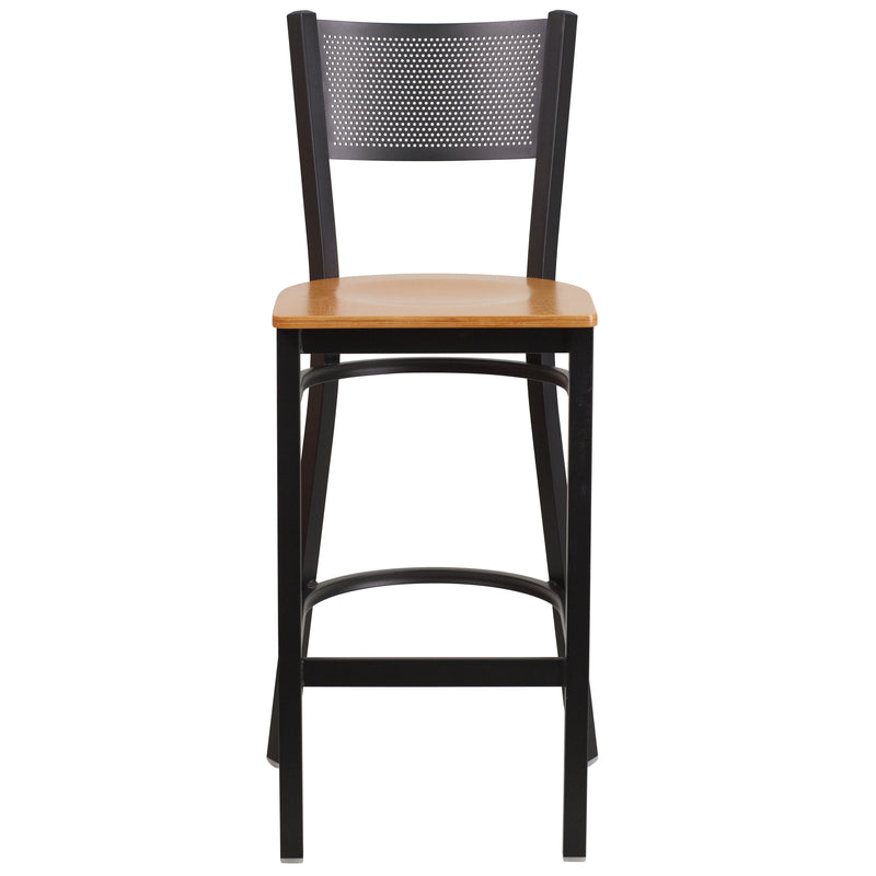 SINGLEWAVE Series Black Grid Back Metal Restaurant Barstool - Natural Wood Seat