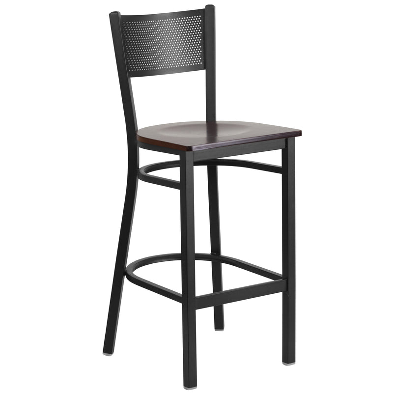 SINGLEWAVE Series Black Grid Back Metal Restaurant Barstool - Walnut Wood Seat