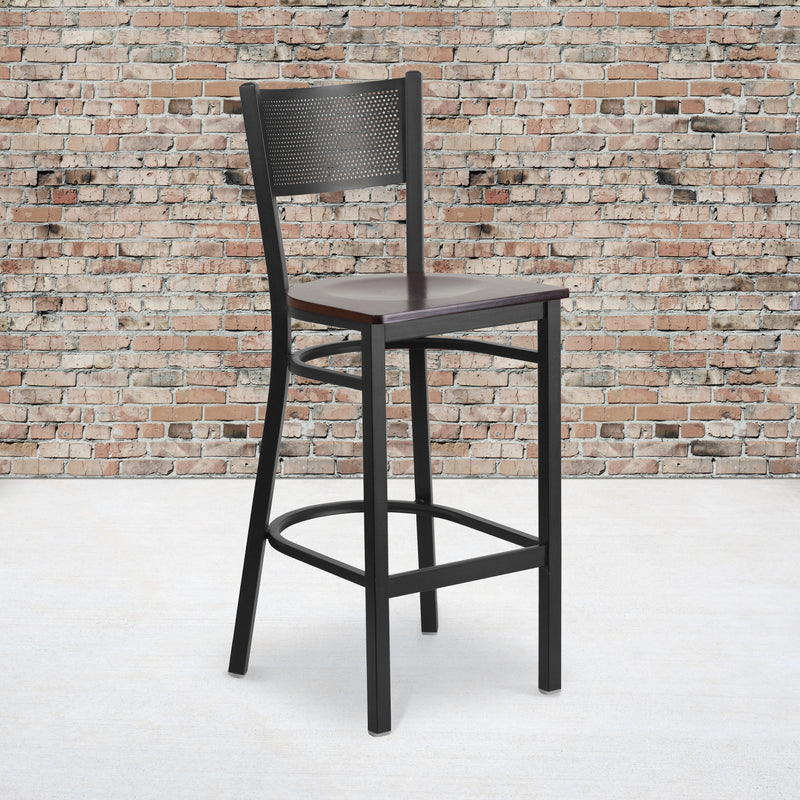 SINGLEWAVE Series Black Grid Back Metal Restaurant Barstool - Walnut Wood Seat