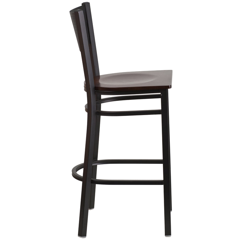 SINGLEWAVE Series Black Grid Back Metal Restaurant Barstool - Walnut Wood Seat