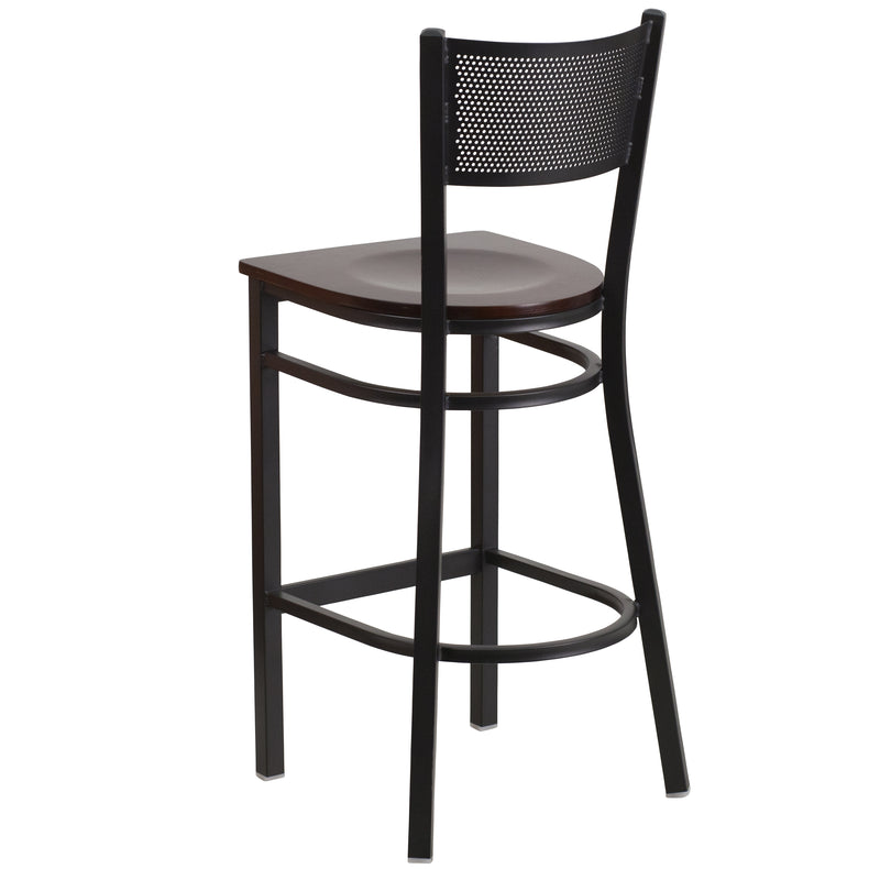 SINGLEWAVE Series Black Grid Back Metal Restaurant Barstool - Walnut Wood Seat