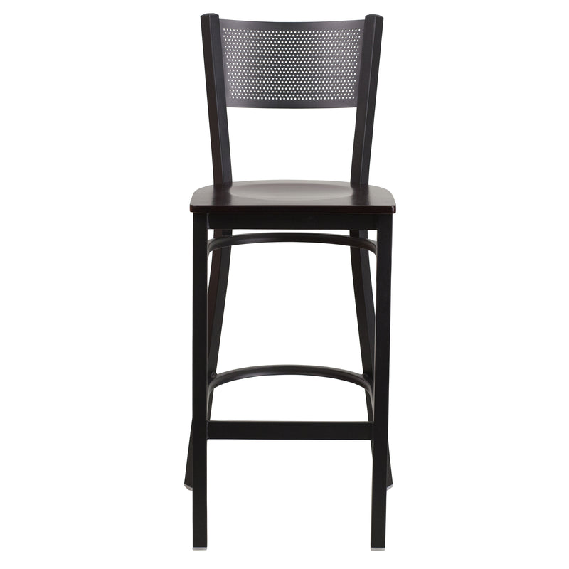 SINGLEWAVE Series Black Grid Back Metal Restaurant Barstool - Walnut Wood Seat