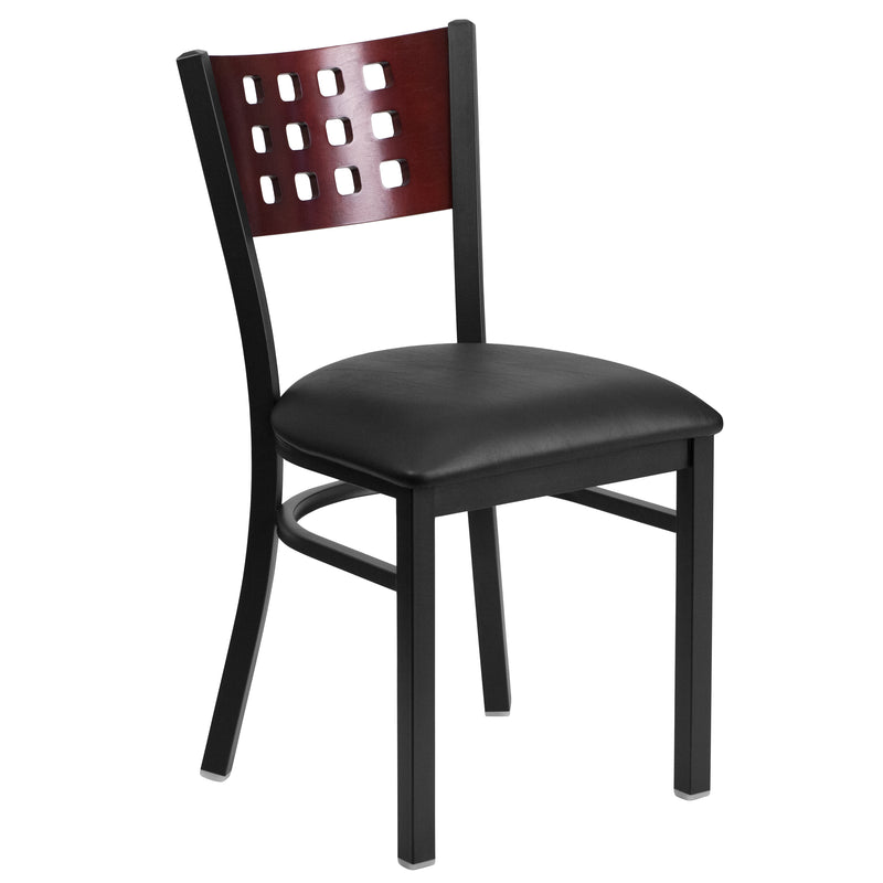 SINGLEWAVE Series Black Cutout Back Metal Restaurant Chair - Mahogany Wood Back, Black Vinyl Seat