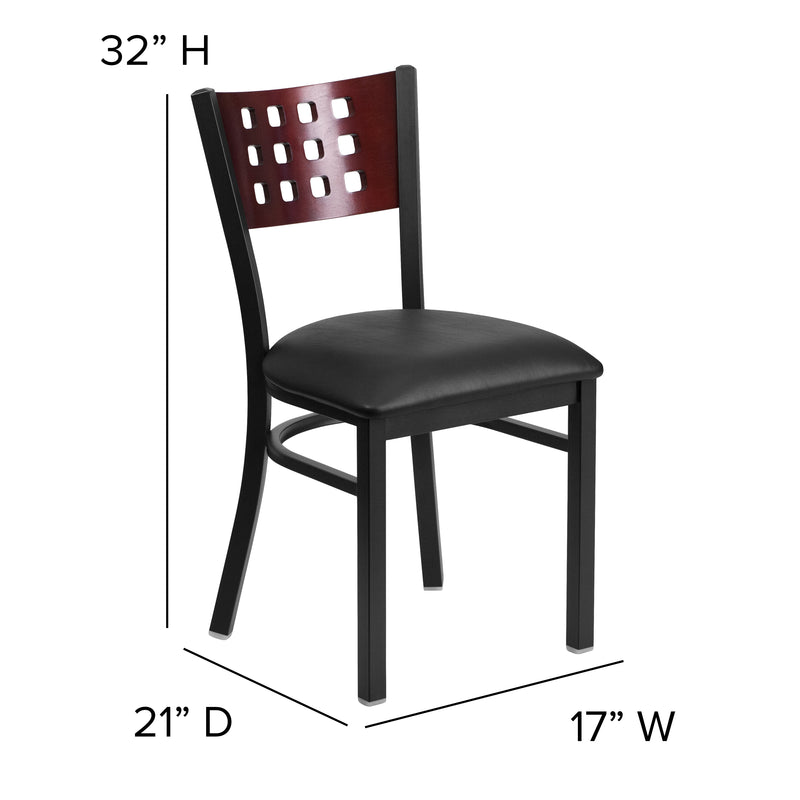 SINGLEWAVE Series Black Cutout Back Metal Restaurant Chair - Mahogany Wood Back, Black Vinyl Seat