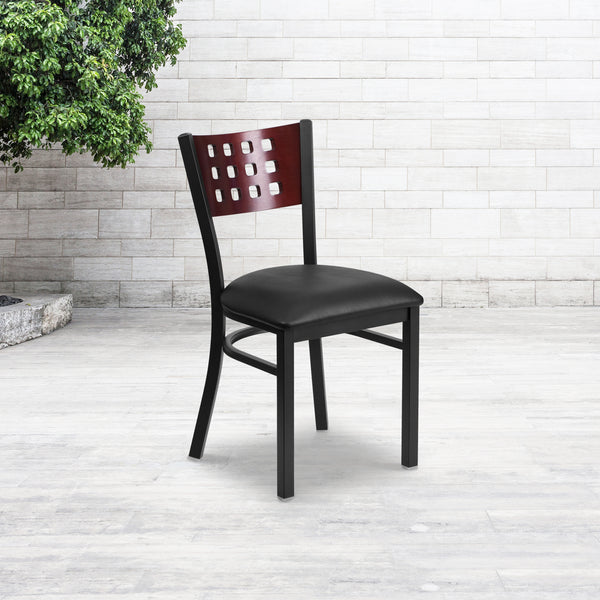 SINGLEWAVE Series Black Cutout Back Metal Restaurant Chair - Mahogany Wood Back, Black Vinyl Seat