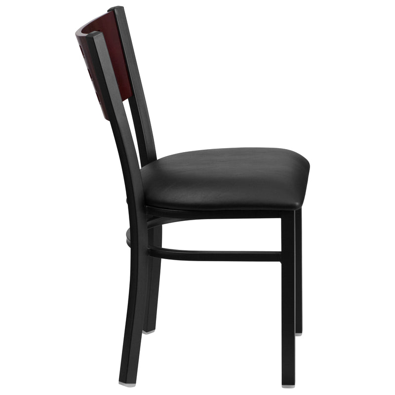 SINGLEWAVE Series Black Cutout Back Metal Restaurant Chair - Mahogany Wood Back, Black Vinyl Seat