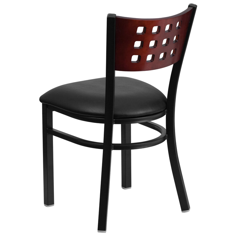 SINGLEWAVE Series Black Cutout Back Metal Restaurant Chair - Mahogany Wood Back, Black Vinyl Seat