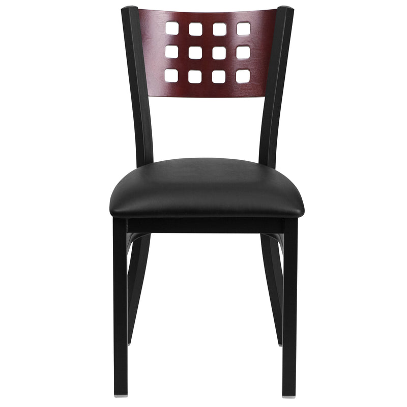 SINGLEWAVE Series Black Cutout Back Metal Restaurant Chair - Mahogany Wood Back, Black Vinyl Seat