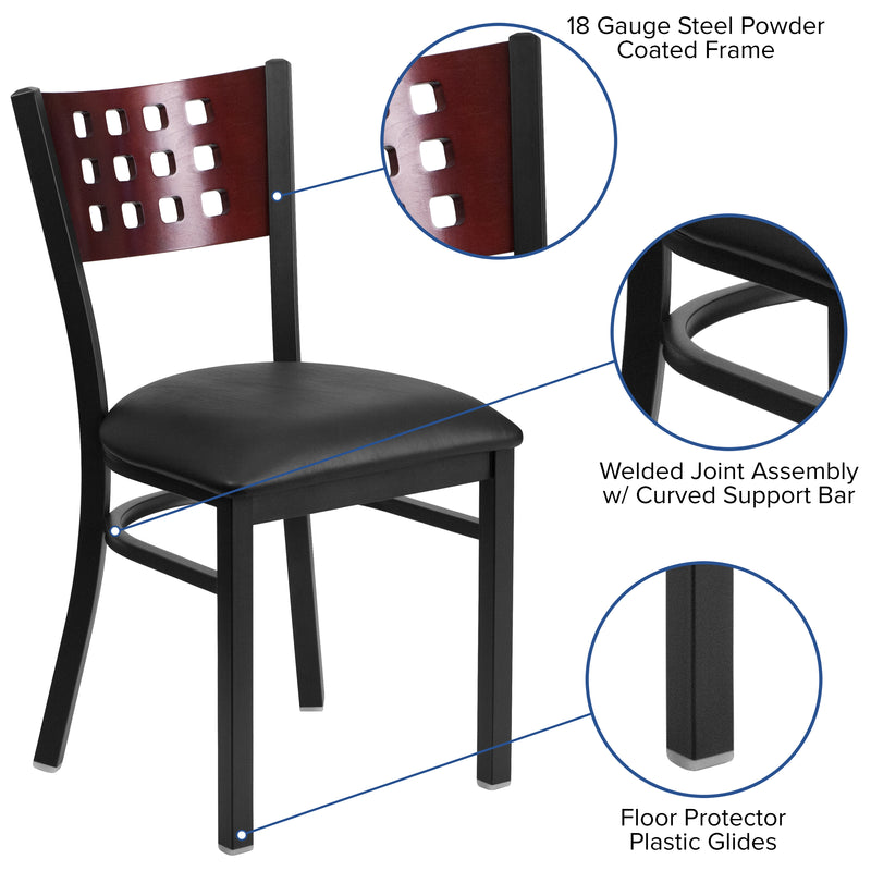 SINGLEWAVE Series Black Cutout Back Metal Restaurant Chair - Mahogany Wood Back, Black Vinyl Seat