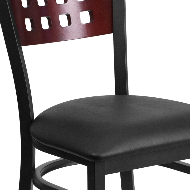 SINGLEWAVE Series Black Cutout Back Metal Restaurant Chair - Mahogany Wood Back, Black Vinyl Seat