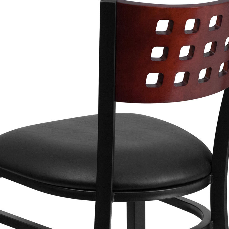 SINGLEWAVE Series Black Cutout Back Metal Restaurant Chair - Mahogany Wood Back, Black Vinyl Seat